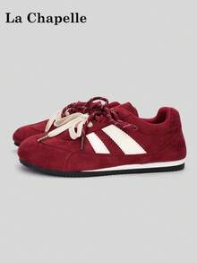 1 Pair La Chapelle Women's Thick Sole Lace-Up Soft Bottom Casual Shoes, Low-Top Outdoor Flat Shoes For Summer, Round Toe Low Heel Non-Slip Solid Color Elegant Soft Bottom Hiking Suitable For Students Graduation Photos Flat Shoes, Women Low-Top Leather Sports Skateboard Shoes - Red - View 1