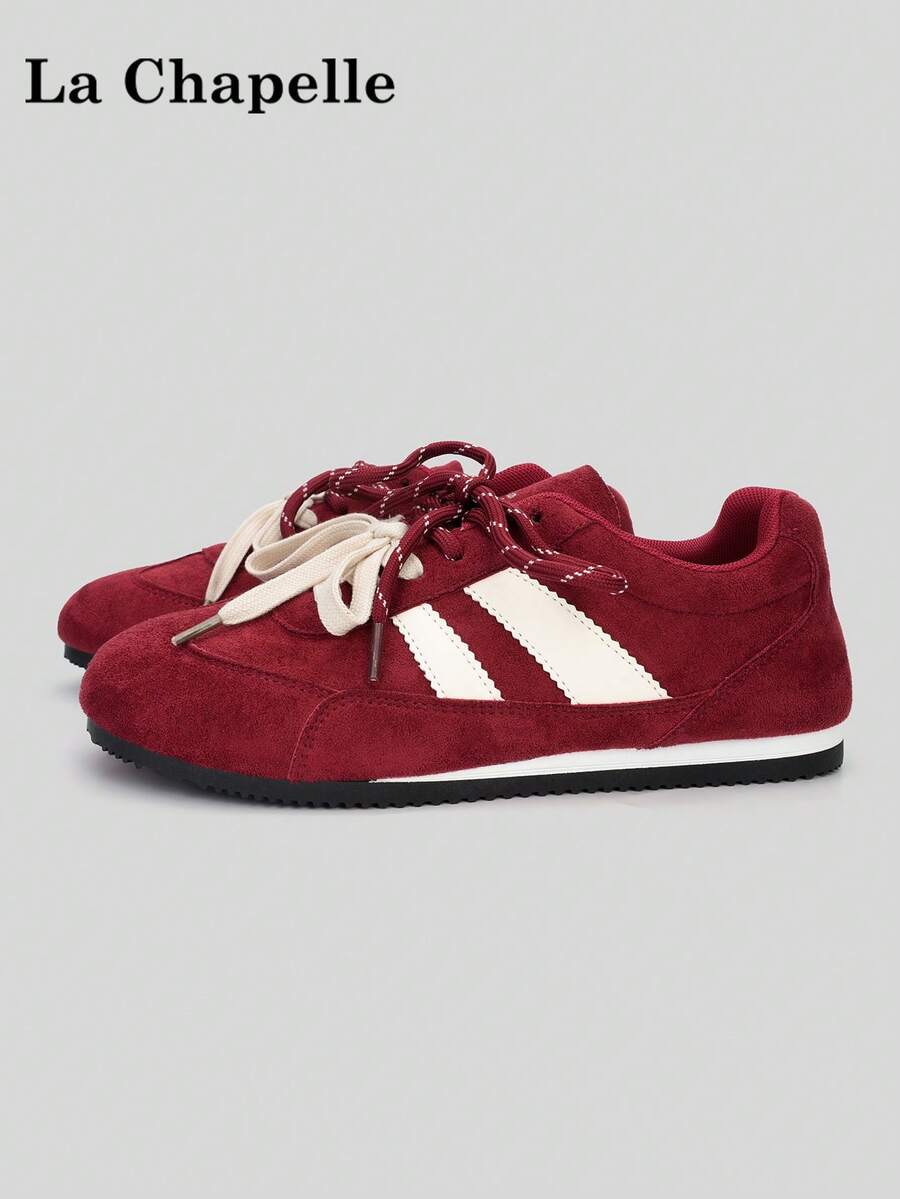 1 Pair La Chapelle Women's Thick Sole Lace-Up Soft Bottom Casual Shoes, Low-Top Outdoor Flat Shoes For Summer, Round Toe Low Heel Non-Slip Solid Color Elegant Soft Bottom Hiking Suitable For Students Graduation Photos Flat Shoes, Women Low-Top Leather Sports Skateboard Shoes - Red - View 1