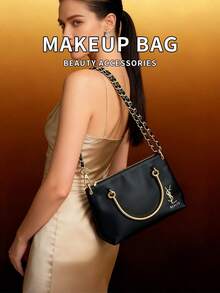 1pc Black Leather Shoulder Chain Bag, Glossy Leather Crossbody Bag, Women Handbag - Black - View 7