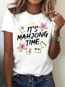 [Retro Mahjong Tee] Retro Y2K Women's Mahjong Graphic Tee - White Floral Tiles T-Shirt, Non-Stretch Round Neck Top For Mahjong Nights & Casual Attire - Spring/Fall/Summer Apparel, Mahjong Gifts - 黑色 - 查看 7