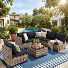 7 Piece Outdoor Rattan Wicker Patio Conversation Sets All Weather With Glass Tables And Cushions, Suitable For Gardens, Terraces, Balconies, Swimming Pools, Courtyards, Etc. - 黑色 - 查看 2