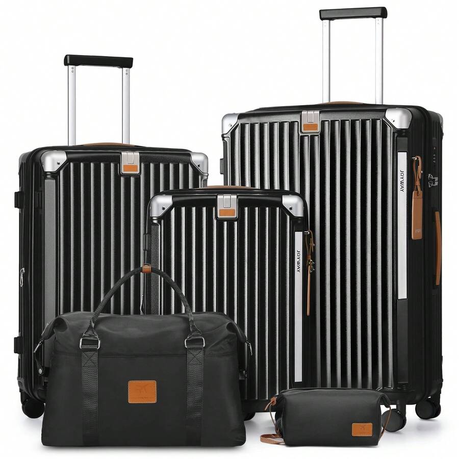 Joyway 5 Piece Luggage Set With Cup Holder, Expandable 25% Capacity, Includes Handbag, Anti Slip Wheels, Hook, Smart Carry On Suitcase For Men And Women Lock YKK Zippers Perfect For Business Trips, Back To School Season, Vacations Or Weekend Getaways - màu đen - Xem 1