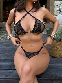 女士黑色蕾丝交叉挂脖比基尼套装，配金属环装饰，性感优雅泳装，适合夏季度假、海滩派对和情人节穿着。 - 黑色 - 查看 4