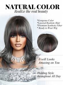 Tóc giả nữ thanh lịch và thời trang, dài 18 inch, màu xám ombre, tóc giả ngắn xoăn tự nhiên có mái, tóc giả tổng hợp chịu nhiệt. Thích hợp cho các lễ hội, du lịch, dạ hội, họp mặt gia đình, diễn viên nhập vai, đám cưới và sử dụng hàng ngày. Đây là món quà lễ hội dành cho các cô gái. - Màu xám ombre - Xem 2