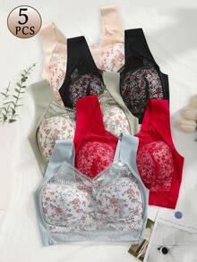 5 Pieces Of Simple Solid-Color Multi-Butterfly Floral Lace Bras, Comfortable And Breathable Full-Cup Without Underwire Bras, Women's Underwear And Close-Fitting Clothing - Without Underwire Design, Thick Cup Pads, Breathable And Soft, Suitable For Daily Casual And Formal Occasions Women's Underwear, Women's Bras, Lace Bras - Nhiều màu - Xem 7