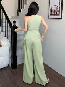 abyoxi Bộ đồ nữ màu xanh lá cây nhạt, không tay, lệch vai, xếp ly eo, phối ren vạt bất đối xứng và quần ống rộng, gợi cảm và thanh lịch, thích hợp đi làm, đi chơi hàng ngày, dự tiệc tối trang trọng, hẹn hò, dự tiệc, ngày Valentine, áo ôm sát và quần dài, trang phục mùa xuân hè. - Hạt đậu xanh - Xem 2