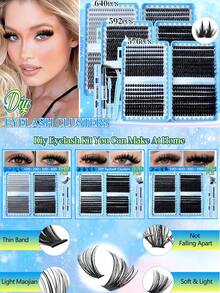 Bộ mi giả D-Curl 592/576/640 sợi kèm keo, nhíp và cọ - Bộ mi giả thân thiện với người mới bắt đầu, tạo vẻ mềm mại và tự nhiên, phù hợp với nhiều hình dạng mắt, giúp mi dày và dài hơn, dễ sử dụng, tự trang điểm mắt, quà tặng cho phụ nữ. - Màu xanh lam - Xem 11