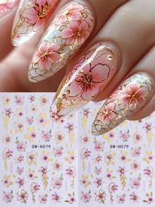 2片粉色花朵3D美甲贴纸 春季花朵装饰 美甲贴花 3D樱花藤蔓设计 金色边缘 自粘美甲贴片 美甲用品 指甲 - 彩色 - 查看 2