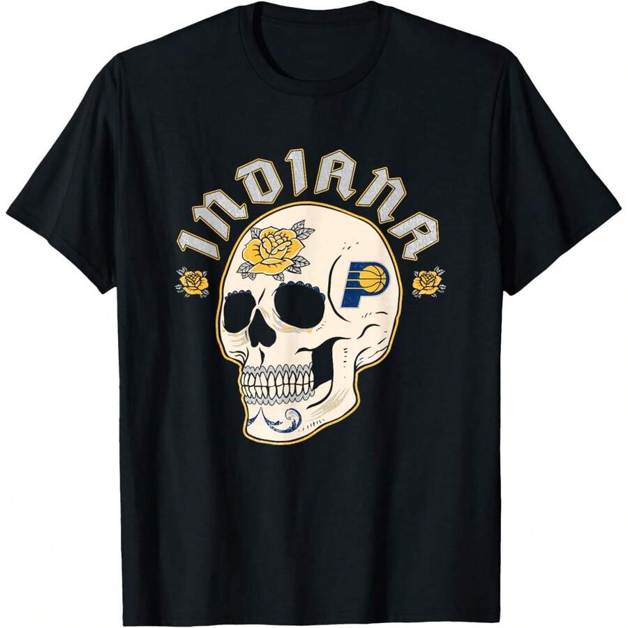 NBAS Indiana Pacers Halloween Floral Skull T-Shirt - 黑色 - 查看 1