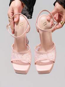 Giày sandal cao gót đế xuồng ren thời trang, giày dự tiệc gợi cảm, sandal hở mũi gót vuông, giày cao gót sàn catwalk dành cho nữ. - Hồng - Xem 5