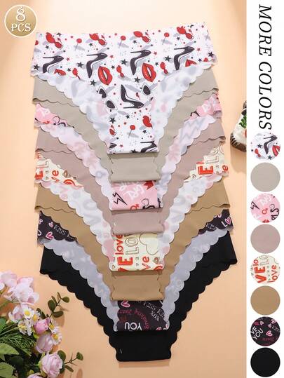 8pcs/Set - Women's Seamless Wavy Trim Triangle Panties, Comfortable Smooth Fabric Panties With Elegant Floral Print