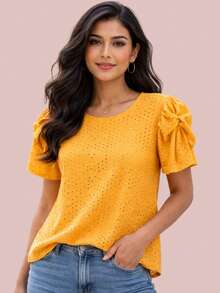 Plus Size Blouse In Textured Knit Fabric With Elasticated Princess Sleeves, Lightweight And Comfortable Fit, Body-Flattering Design. - 芥末黃 - 查看 6