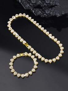 2 pièces/set Bracelet et collier romantique, charme classique hip-hop, élégant et brillant en forme de cœur. Bijoux de mode pour femmes, convient pour les fêtes, les mariages, les festivals de musique - cadeau parfait pour la Saint-Valentin, l'amitié, l'épouse ou la petite amie - A - Voir 2