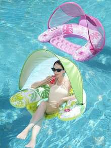 1pc 2026 New Double-Layer Sun Shade Armrest Inflatable Floating Chair, Floating Sofa, Pool Lounge Chair, Portable Multi-Function Swim Ring, Inflatable Floating Mat, Outdoor Foldable Backrest Net Floating Bed, Water Inflatable Sunshade U-Shaped Seat Ring, Pool Water Backrest Lounge Chair, Maple Leaf Floating Chair, PVC Blue Maple Leaf Outdoor Floating Mat, Summer Pool Mesh Floating Bed - Blue - View 8