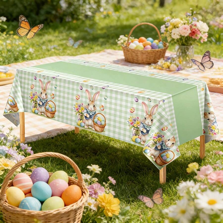 1/3pcs Easter Tablecloth, Disposable Spring Green Plaid Rabbit Plastic Tablecloth 130x274cm, Suitable For Spring Birthday Easter Party - Multicolor - View 1