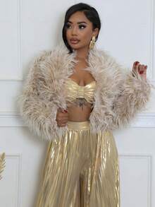 Women's New Short Coat Loose Faux Leather Cardigan Short Jacket Plush Coat - 杏色 - 查看 1