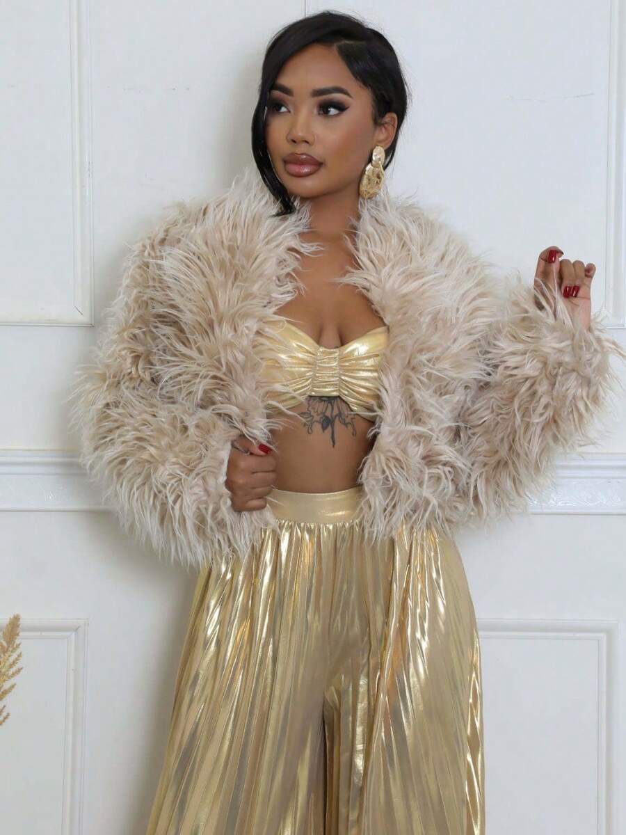 Women's New Short Coat Loose Faux Leather Cardigan Short Jacket Plush Coat - 杏色 - 查看 1