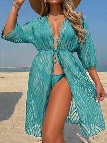 Women's Solid Color Jacquard Off-Shoulder Long Sleeve Beach Cover-Up With Waist Tie Vacation Summer - Mint Blue - View 3