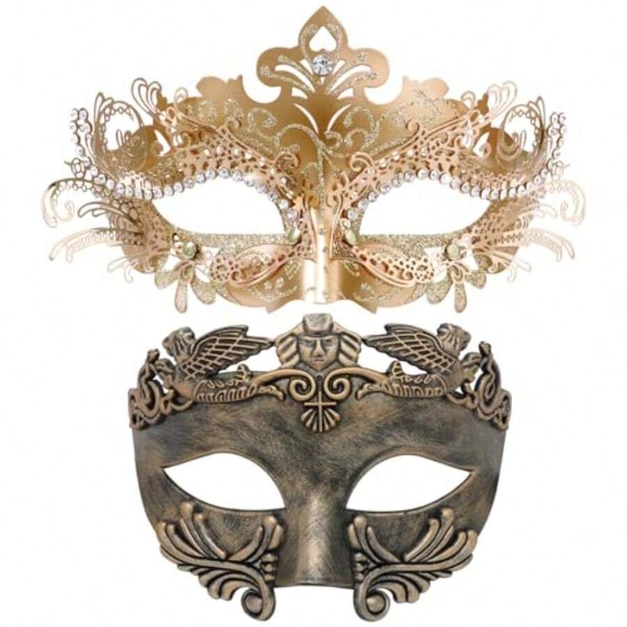 QY- Couple Masquerade Metal Mask Roman Greek Man Mask Venetian Halloween Costume Ball Mask Mardi Gras Mask Cosplay Party Mask -3788 - Vàng hồng - Xem 1