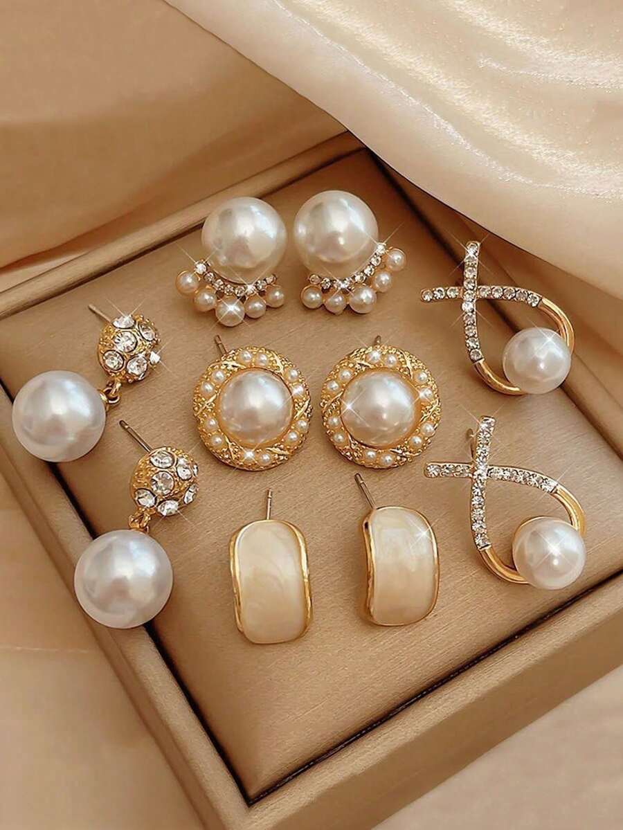 5 Pairs Minimalist Cross Letter, Faux Pearl, Geometric Luxurious Fashion Retro Design Elegant Earrings Set, Suitable For Women's Daily And Holiday Wear, Summer - Set a - View 1