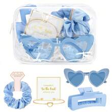 This Blue Bridesmaid Party Set Includes A Clear Makeup Bag, Sunglasses, Hair Clips, Hair Ties, And A Bracelet. It Is The Perfect Gift For Bridal Showers, Bachelorette Parties, Slumber Parties, And Girls' Nights Out.