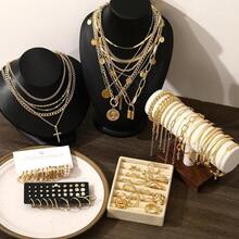 Euuztu 68 Pcs Gold Jewelry Set Women With Necklace, 17 Bracelet, 5 Hoop Earrings, 15 Stud Earrings, 24 Knuckle Rings Women Jewelry Set Women - 黃金首飾 - 查看 10