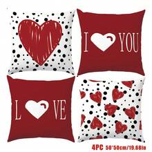 4 件装简约黑色波点红色爱心图案抱枕套，单面印花，柔软桃皮绒面料，尺寸 40*40/45*45/50*50 厘米，适用于家居、卧室、客厅、派对装饰、沙发装饰枕、节日礼物，不含枕芯 - 紅色 - 查看 11