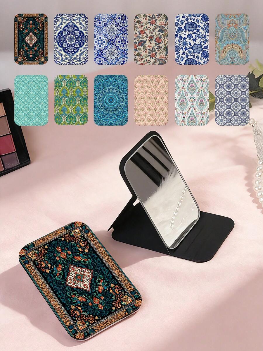 1pc Bohemian Vintage Floral Pattern Vanity Mirror, Foldable Lightweight Compact Handheld Mirror, Durable PU Leather Stand, Vertical Display, Suitable For All Occasions And Users, Foldable Square Pocket Mirror - Multicolor - View 1