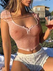 Women's Button Up Crop Top Ribbed Scoop Neck Cap Sleeve Shirt Slim Fit Summer Blouse For Casual Streetwear - 粉色 - 查看 2