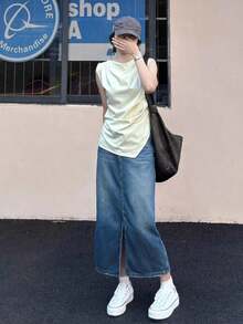 休闲时尚水洗开衩中长牛仔裙 春季 - 霧霾藍 - 查看 8