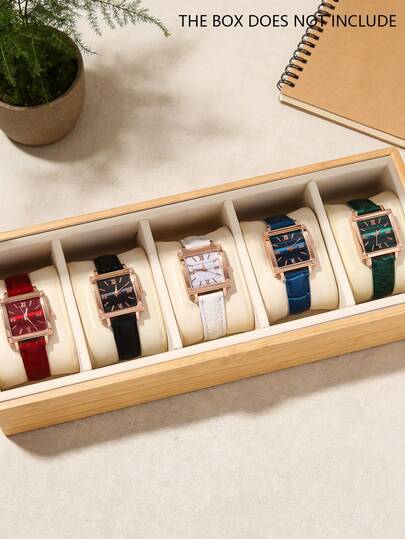 5pcs Minimalist Casual Women's Quartz Watches, Women's Gold Accessory Set (Including Rose Gold-Framed Square Roman Numeral Dial Quartz Watches With Multi-Colored Crocodile Leather Straps), Featuring Red, Black, White, Blue, And Green Crocodile Straps, Paired With A Vintage Square Roman Numeral Dial And Rose Gold Frame Decoration. The Style Is Delicate And Vintage, Highlighting Feminine Elegance.