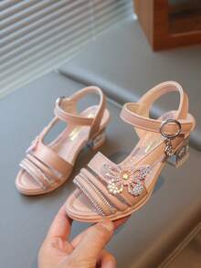 1 Pair Fashion Summer New Girls' Rhinestone Butterfly Princess High Heel Sandals, Suitable For 3-15 Years Old Girls To Wear Casually, To Parties, On Vacation, And To Formal Events - Pink - View 5
