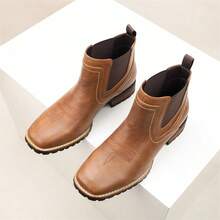 Men's Vintage Embroidered Western Chelsea Boots, Low-Top Square Toe Chunky Heel Chelsea Boots, Versatile Thick Sole Casual Increased Height Outdoor Farm Boots - Brown - View 4