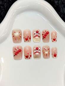 10Pcs Nude Pink False Nails With Lion Heart Design Glitter Artificial Nails For Party And Daily Use