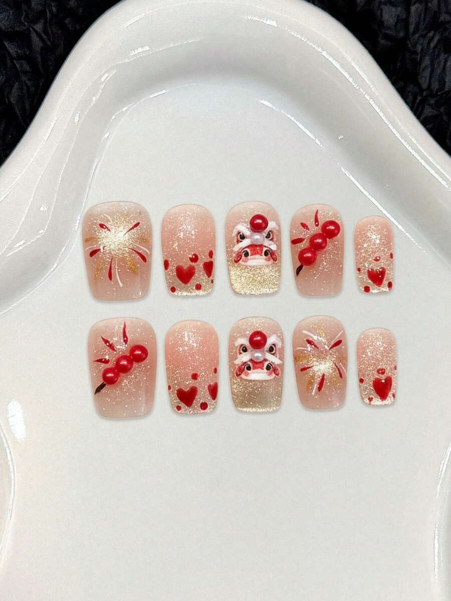 10Pcs Nude Pink False Nails With Lion Heart Design Glitter Artificial Nails For Party And Daily Use
