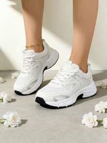 Women's Vintage - Style Dad Shoes, Mesh - Breathable With Thick Soles, Lightweight And Shock - Absorbing, White Sports Shoes For Daily Outings And Jogging - 米色 - 查看 3