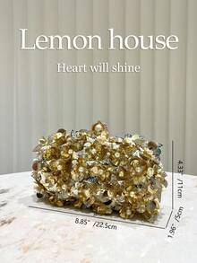 1个金色亮片花卉装饰女士手拿包，奢华晚宴包，时尚优雅正式派对钱包，新娘手提包，配有可拆卸肩带，适合正式场合、婚礼、派对，是送给女性的最佳礼物。 - 金色 - 查看 3