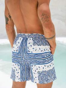 Pantalones cortos de playa casuales con estampado de anacardo, cintura con cordón y bolsillos para hombres - Multicolor - Ver 2