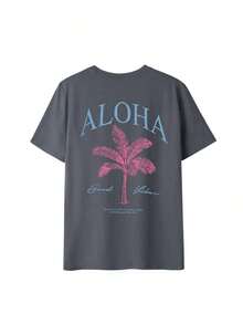 2026 Summer Shirts Women's New Palm Tree Slogan Print Casual Round Neck Short Sleeve T-Shirt, Fashionable Resort Style, Your Daily Essential Item. Gr - 深灰色 2 - 查看 3