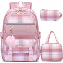 KEBEIXUAN - Bonita mochila para niñas de 6 a 12 años - Bolsa escolar, bolsa de almuerzo aislada, estuche para lápices, color rosado - Ver 2