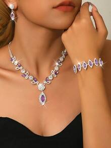 Necklace And Earrings Set High-End Blue Diamond-Studded Claw Necklace Earrings Bridal Set Ladies Wedding Dress Accessories Stage Performance Accessories - Blue - View 9