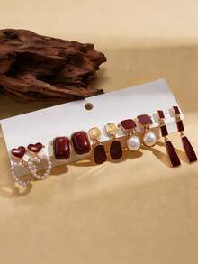 5对树脂仿珍珠长款红色几何心形耳环，复古独特风格，适合女性，假日及日常佩戴 - 彩色 - 查看 3