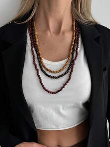 1 pieza Collar de cadena de cuentas de madera de estilo bohemio de varias capas, elegante y de moda para uso diario, casual, fiesta, boda, vacaciones, encanto versátil, regalo de joyería falsa para mujeres - collar - Ver 4