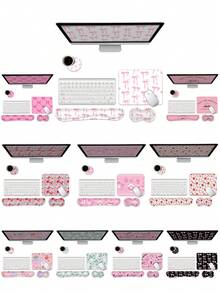 Juego de reposamuñecas y alfombrilla de ratón ergonómica 4 en 1, alfombrilla de ratón de espuma de memoria con base de goma antideslizante, duradera y cómoda, alivio del dolor, diseño lindo de lazo rosa - Multicolor - Ver 1