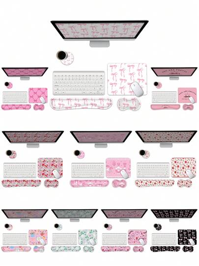 Set ergonomic 4 în 1 pentru suport pentru încheietura mâinii și mouse pad pentru tastatură, mouse pad din spumă cu memorie cu bază din cauciuc antiderapantă, durabil și confortabil, ameliorează durerea, design drăguț cu fundă roz