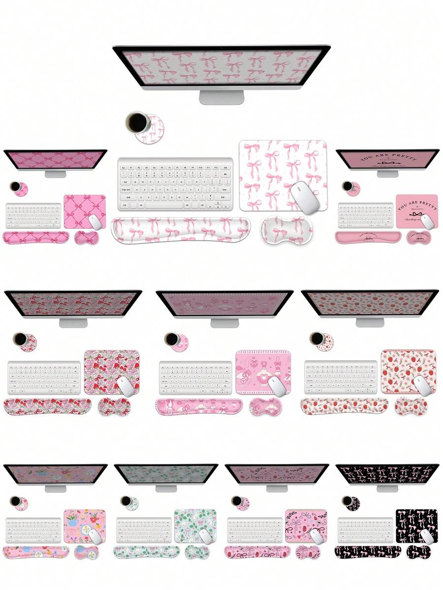 Juego de reposamuñecas y alfombrilla de ratón ergonómica 4 en 1, alfombrilla de ratón de espuma de memoria con base de goma antideslizante, duradera y cómoda, alivio del dolor, diseño lindo de lazo rosa - Multicolor - Ver 1