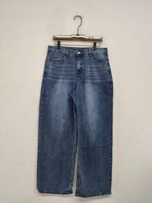 1 pieza Vaqueros rectos holgados de estilo japonés casual lavados para hombres - Azul - Ver 7