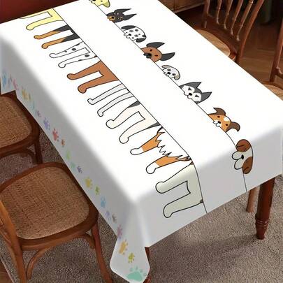 1pc Cute Puppy Tablecloth - Machine Washable Pet Themed Dining Table Decor, Multiple Sizes (Rectangular) - Essential For Birthday, Wedding, Party - Ideal Gift For Dog Lovers - Easy Clean Table Cover, Fun Design, Smooth Texture, Colorful Paw Print Pattern, Suitable For Kitchen Use, Holiday Scenes