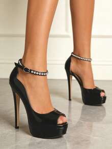 MERUMOTE New Women's Platform Stiletto Pumps Peep Toe 6"/15CM High Heels Ankle Strap Heeled Sandals Shoes For Party Wedding Prom - Black Pearl - 查看 4