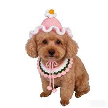 Handmade Knitted Pet Collar & Hat Set, Soft Yarn, Flower Design, Cat & Dog Accessories, Photo Props